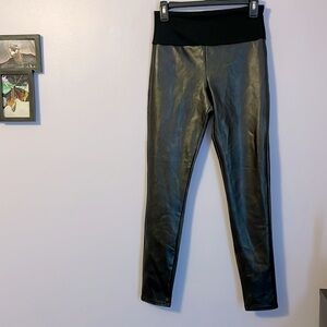 Assets by Spanx Black Vegan Faux Leather Leggings with Gold Shimmer size M